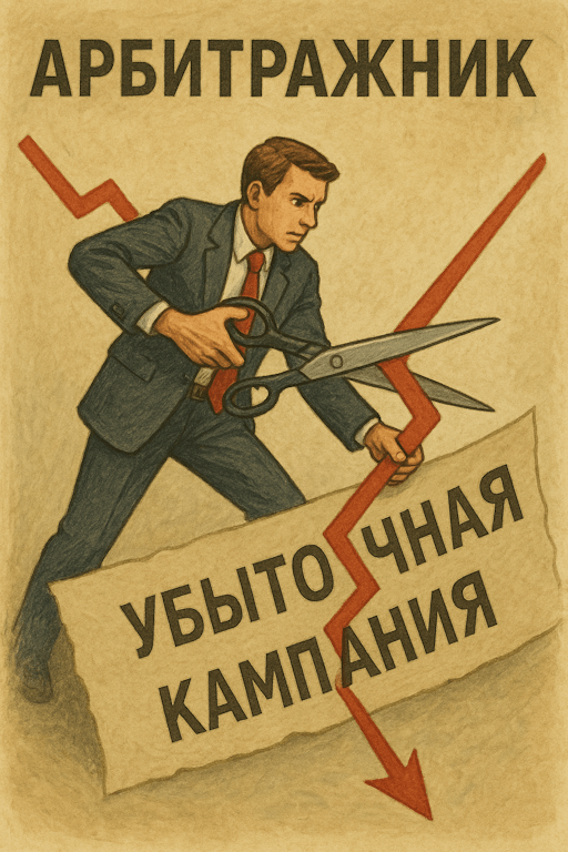 Иллюстрация: арбитражник символически 'режет' убыточную кампанию на графике.