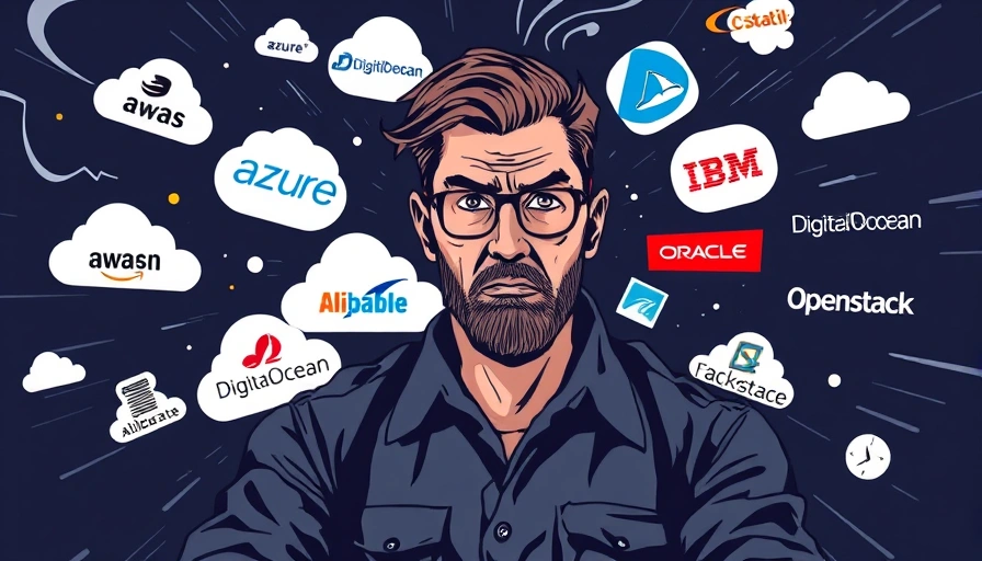 A sysadmin managing a complex cloud infrastructure, represented by various cloud provider logos swirling around them, using a digital interface.