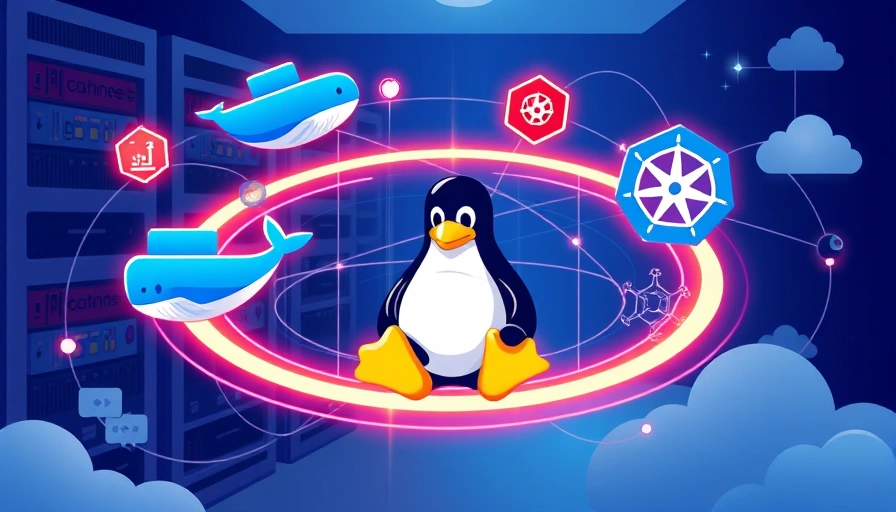 Illustration depicting various container management tools (Docker, Podman, Kubernetes, OpenShift) orbiting a Linux penguin, symbolizing efficient container management on Linux systems.