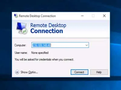 Example of connecting via RDP – Windows VPS desktop