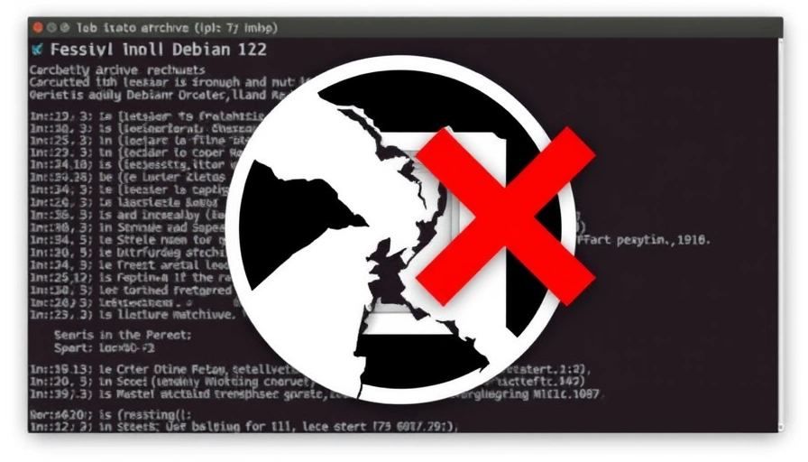 A digital illustration of a broken archive file icon with a red 'X', symbolizing a failed unpacking process, set against a blurred background of a Debian 12 terminal displaying an error message.