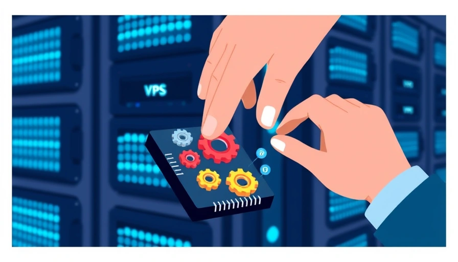 Illustration of a VPS server rack with a CPU chip in the foreground. Gears of different sizes and brightness represent processes, with a hand adjusting one, symbolizing process priority management.