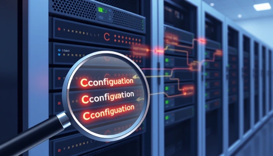 A server rack with glowing data streams representing configuration files. A magnifying glass highlights a change in one of the streams, symbolizing the importance of monitoring configuration file changes.
