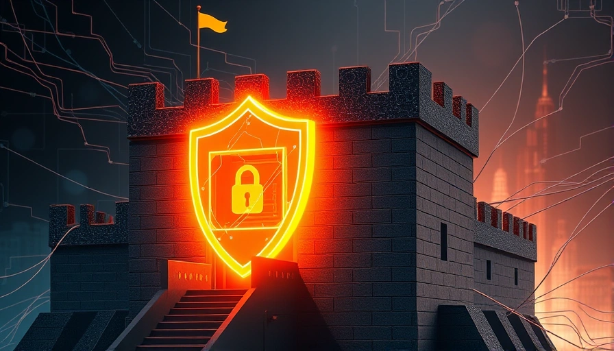 A digital fortress with a glowing shield protecting a server rack, symbolizing a firewall's role in network security.