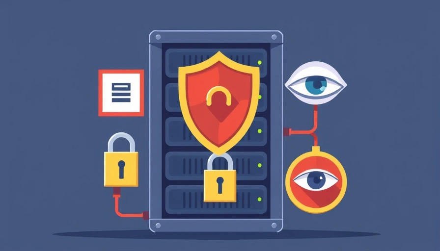 A server rack with a shield, lock, and eye, symbolizing VPS security.