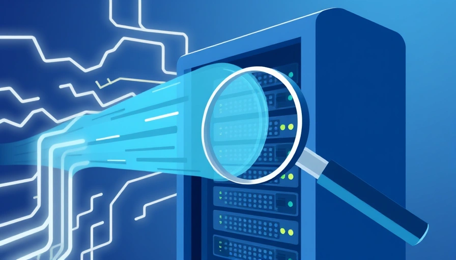 An illustration depicting a server rack with data streams and a magnifying glass, symbolizing hard drive speed testing on a VDS Windows server.