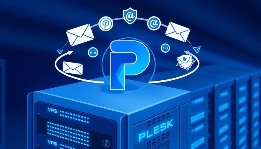 A server rack with a Plesk logo and email icons, symbolizing VPS email server setup.