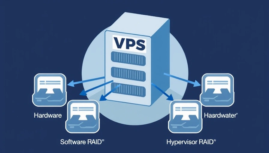 Illustration of a VPS server with different RAID configurations (Hardware, Software, Hypervisor) represented by interconnected hard drives, symbolizing data redundancy and performance.