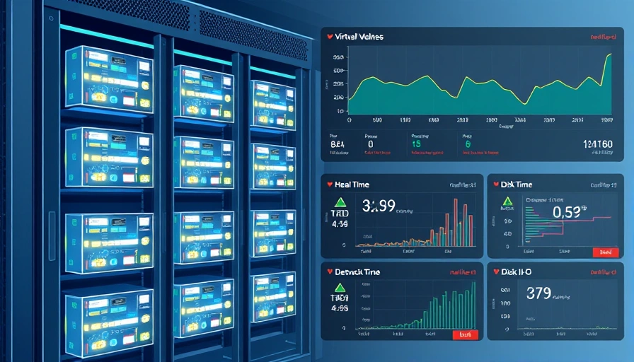 An illustration depicting a server rack with virtual machines represented as glowing nodes, overlaid with a dashboard showing real-time performance metrics and alerts, symbolizing active monitoring.