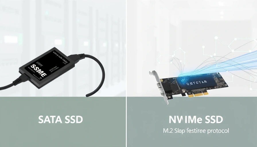 An illustration comparing a SATA SSD and an NVMe SSD. The SATA SSD is connected via a cable, while the NVMe SSD is directly plugged into a PCIe slot, with visual cues highlighting the speed difference.