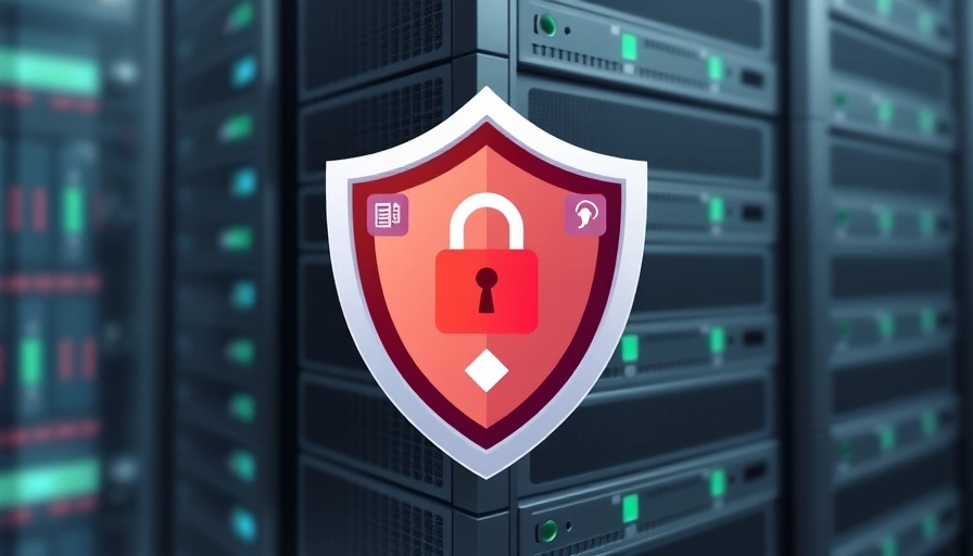 A multi-layered digital shield protecting a server rack, symbolizing comprehensive Windows Server security. The shield incorporates icons for updates, firewalls, and data encryption.