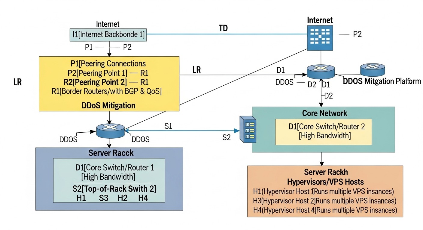Схема: Сеть: bandwidth, DDoS-защита, peering